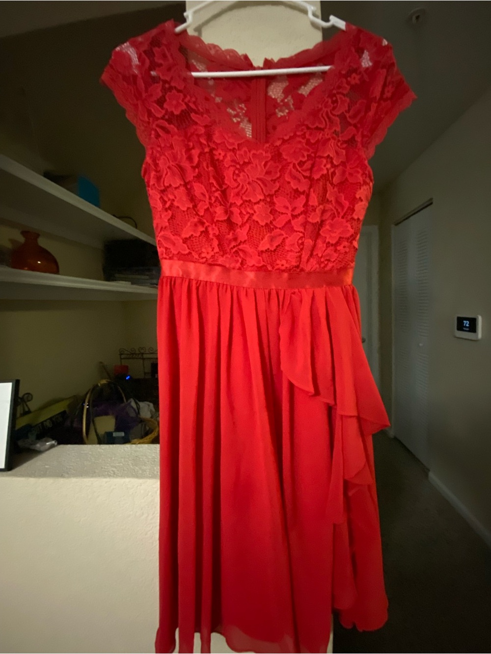 Red Lace Bodice Chiffon Midi Dress